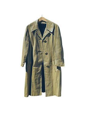 70s Light Yellow Green Leather Trench Coat Black Satin Lined Bespoke Women's M/L